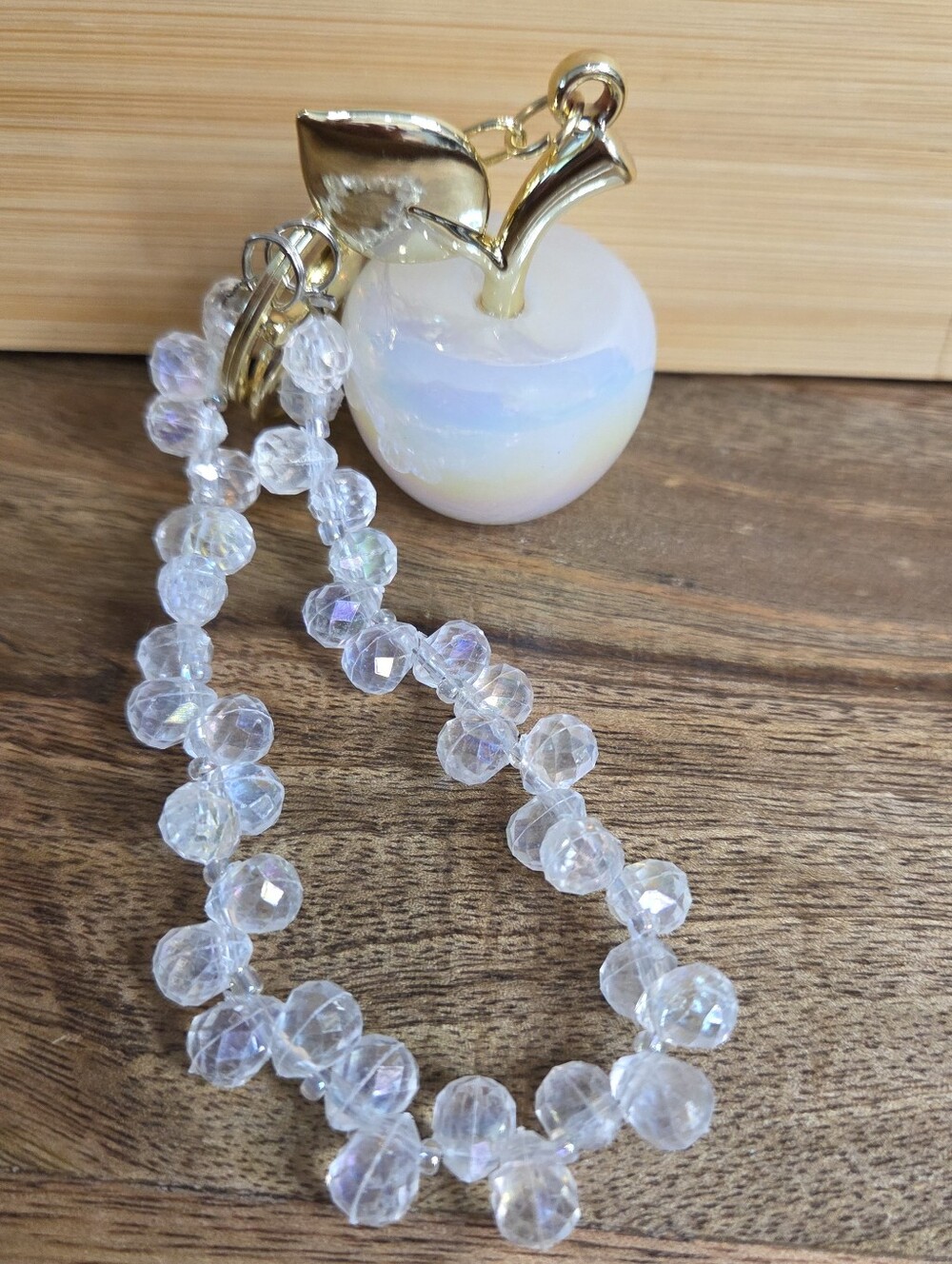 🍎 Iridescent Opal Resin Apple Keychain Wristlet with Crystal Beads 🍎